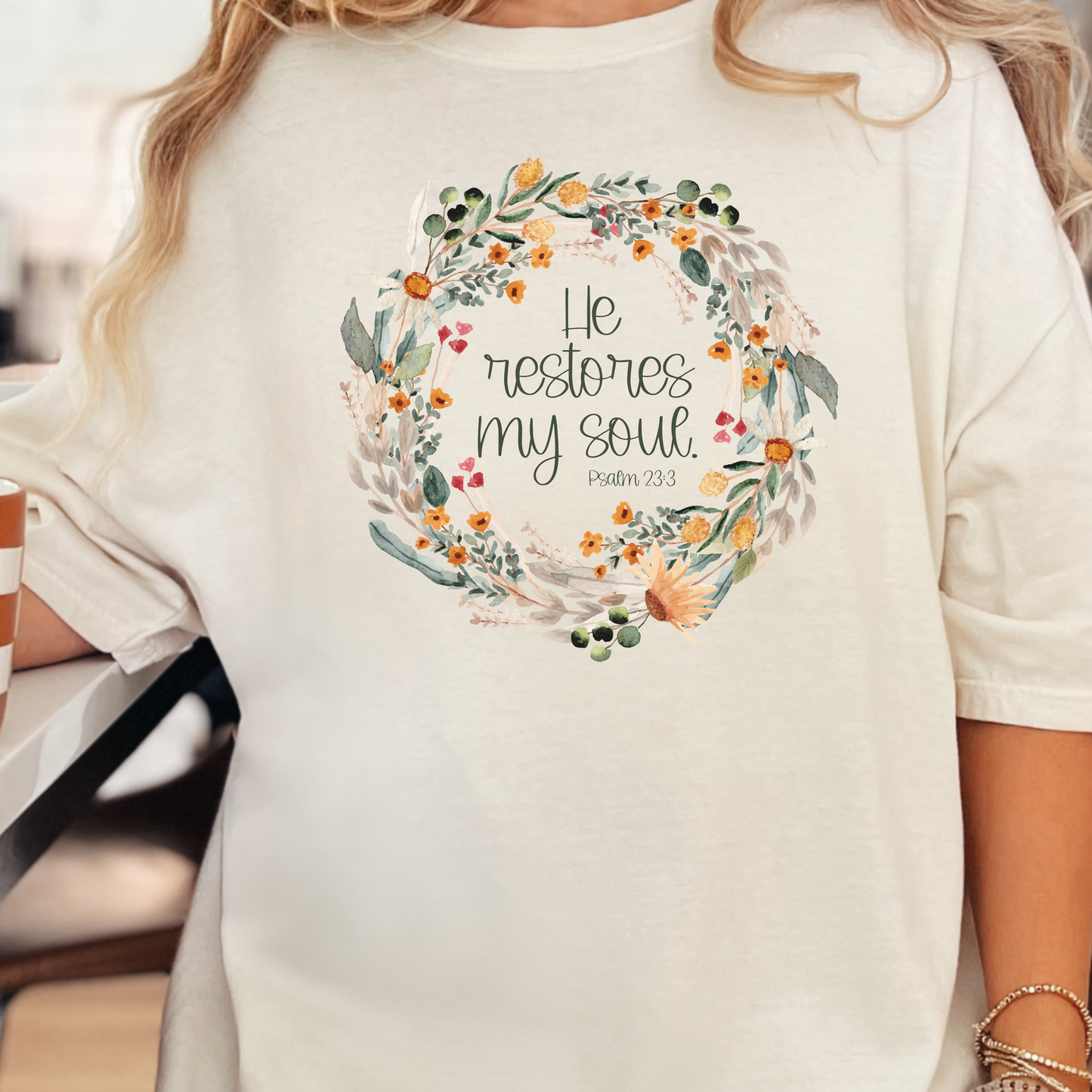 He Restores my Soul Floral Wreath Scripture-based Christian Graphic Tee