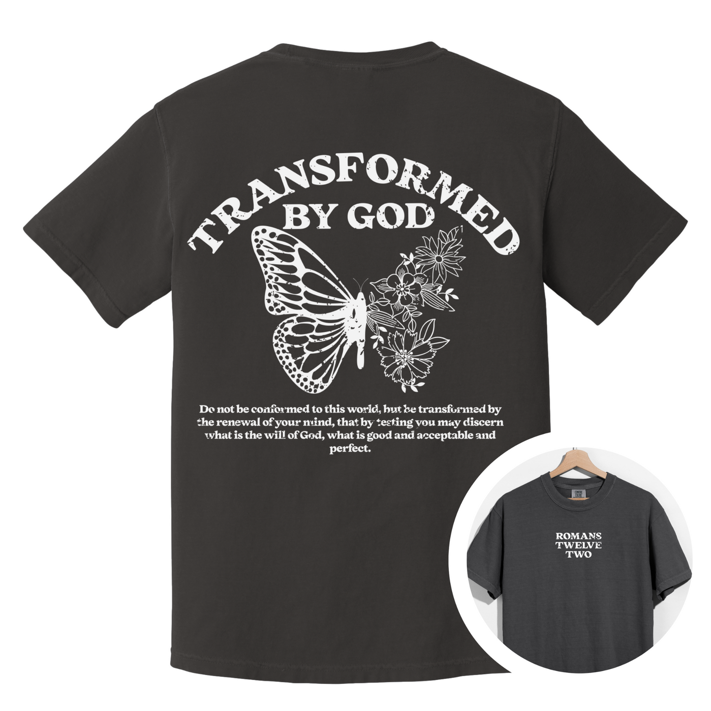 Transformed by God Christian Floral Butterfly Graphic Tee - Cross & Crown Designs