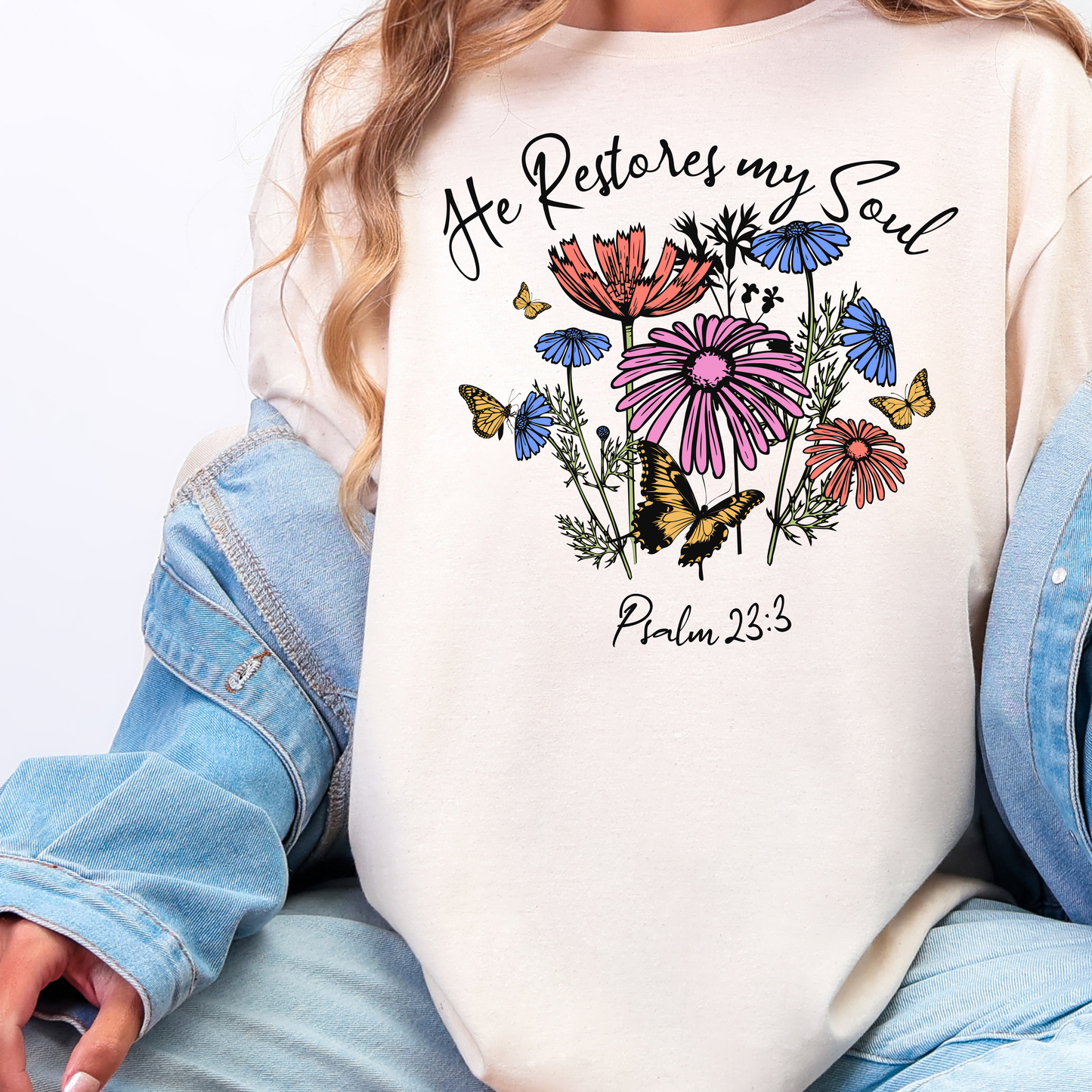 He Restores my Soul Floral Scripture-based Christian Graphic Tee