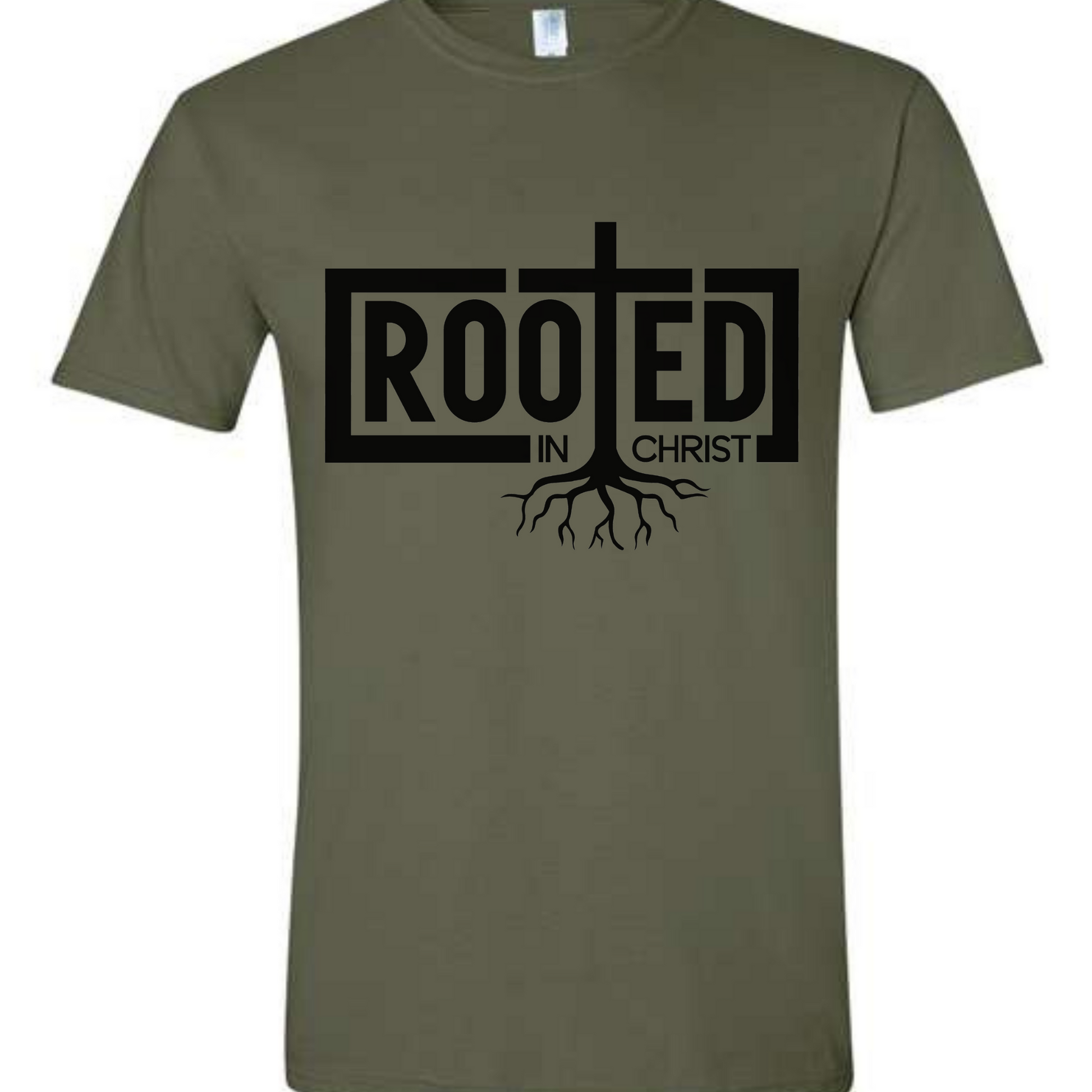Rooted in Christ Scripture-based Christian Tee - Cross & Crown Designs